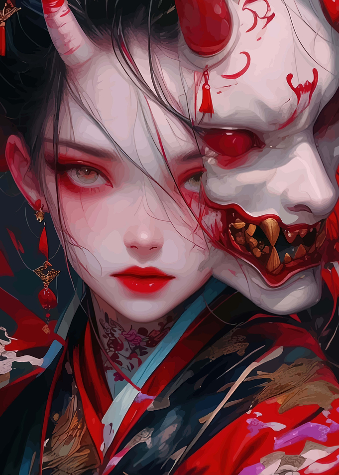 Demonic Geisha with Red Mask