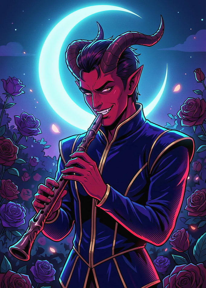 Tiefling Playing Flute Under Moon