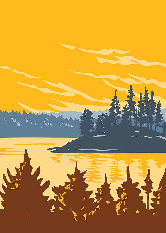 Sunset over a serene lake with pine trees