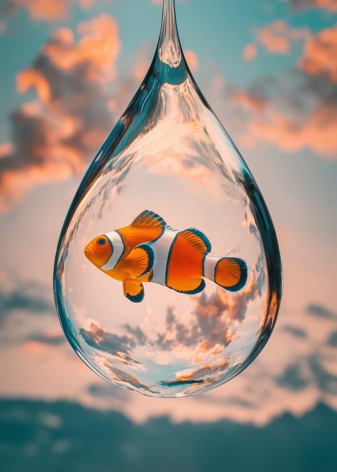 Clownfish in a Water Droplet