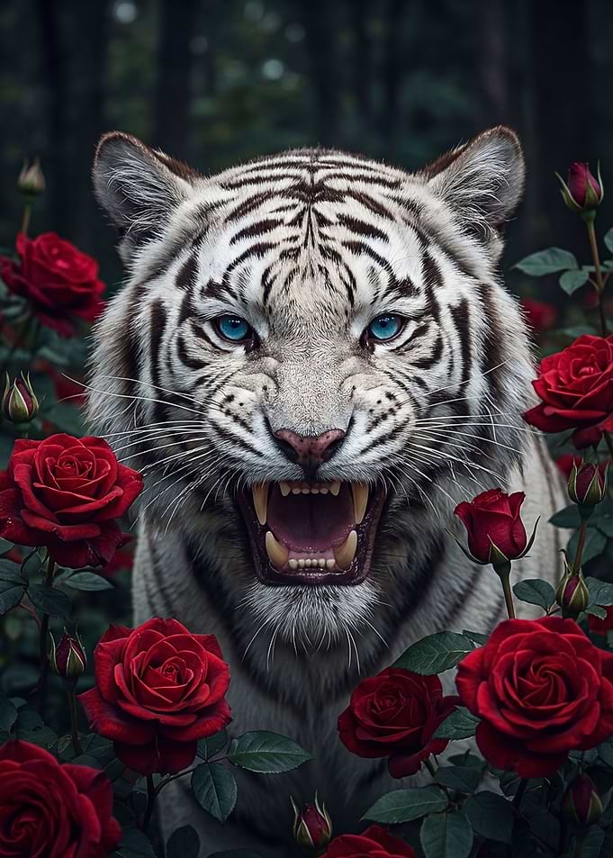 White Tiger with Red Roses