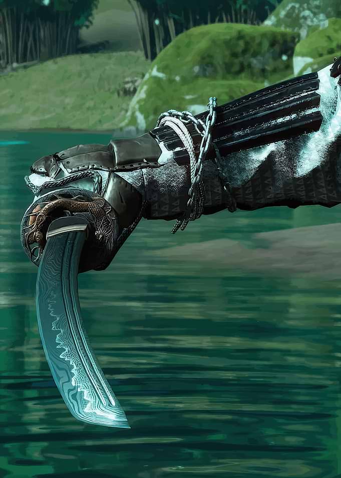 Hand holding a curved sword in water