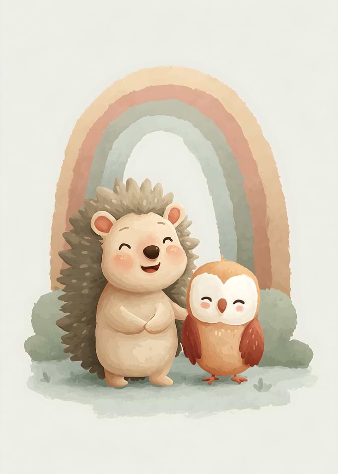 Cute Hedgehog and Owl with Rainbow