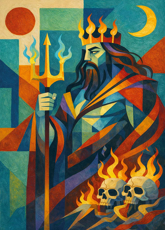 Greek God Hades with Trident and Skulls