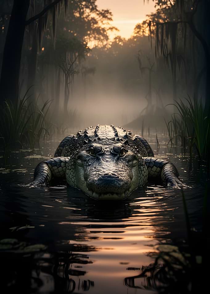 Alligator in a Misty Swamp at Sunset