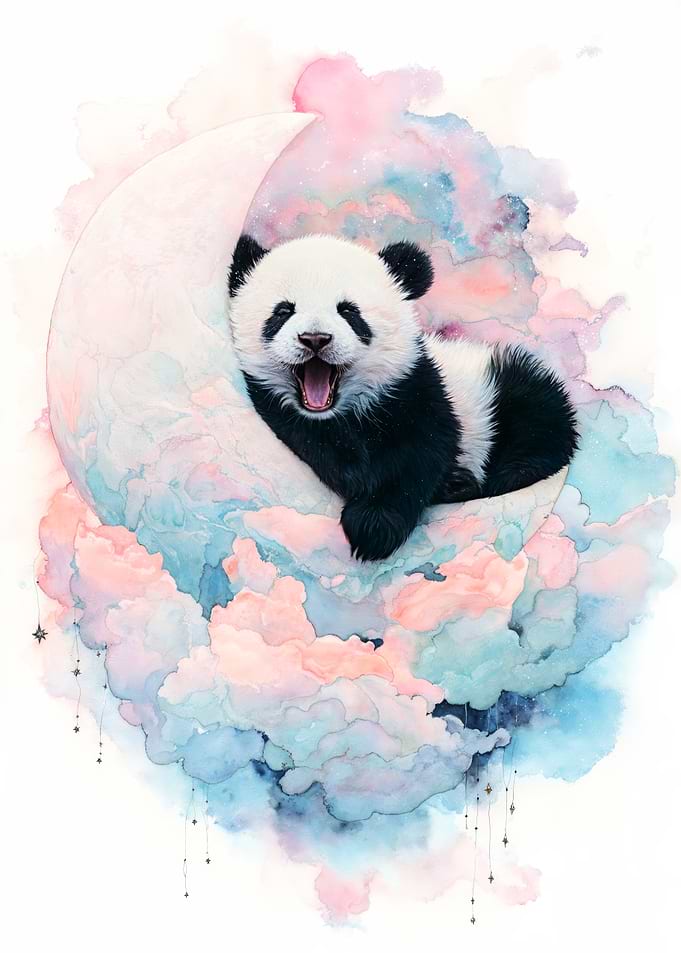 Cute Panda on Moon Clouds