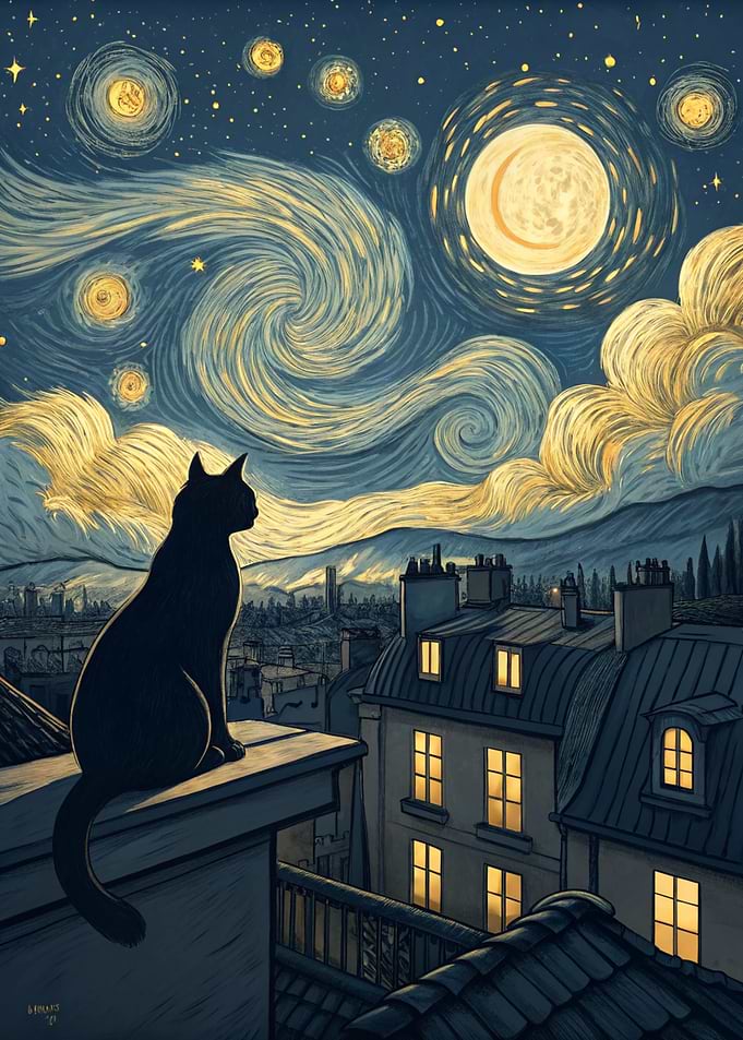 Black Cat on Rooftop Under Starry Sky