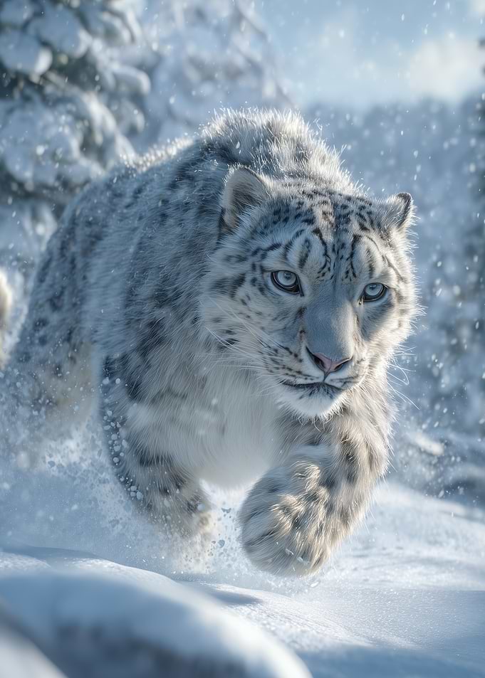 Snow Leopard Running in Snow