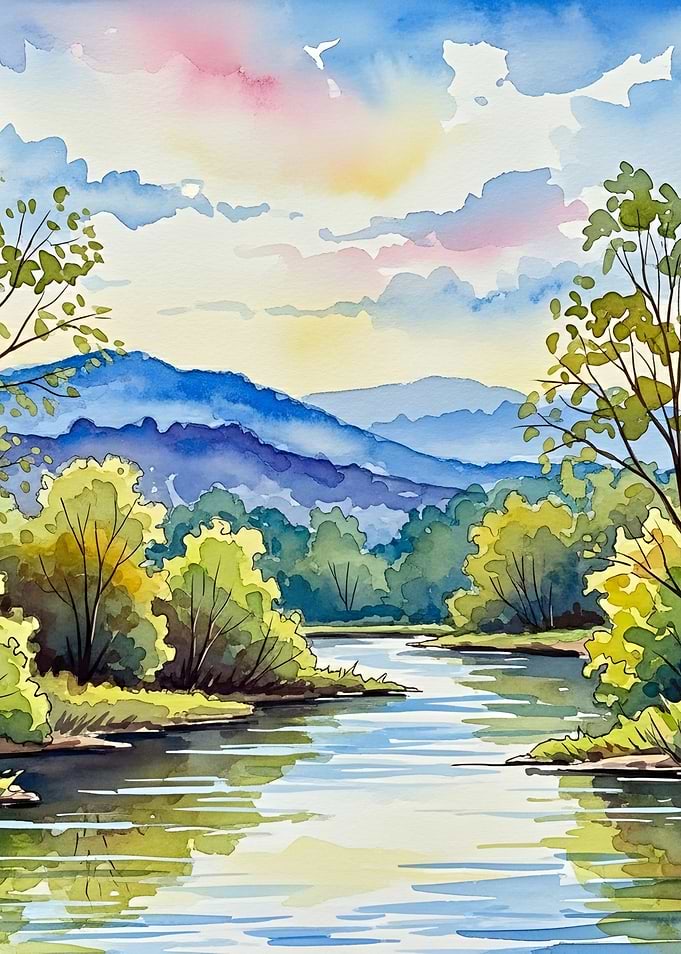 Watercolor Landscape of a River and Mountains