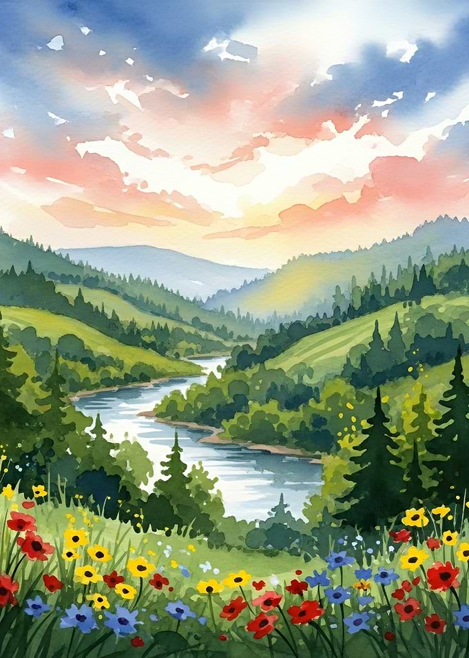 Watercolor Landscape of a River Valley at Sunset