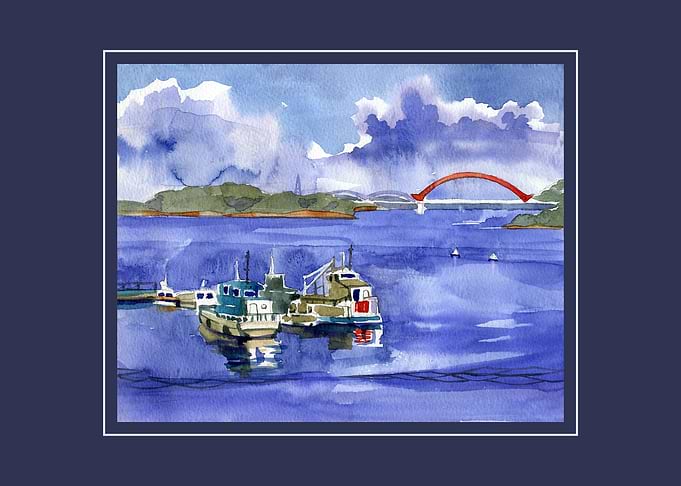 Boats in a Harbor with a Bridge