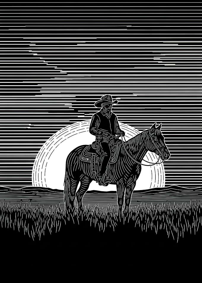 Cowboy Riding Horse at Sunset