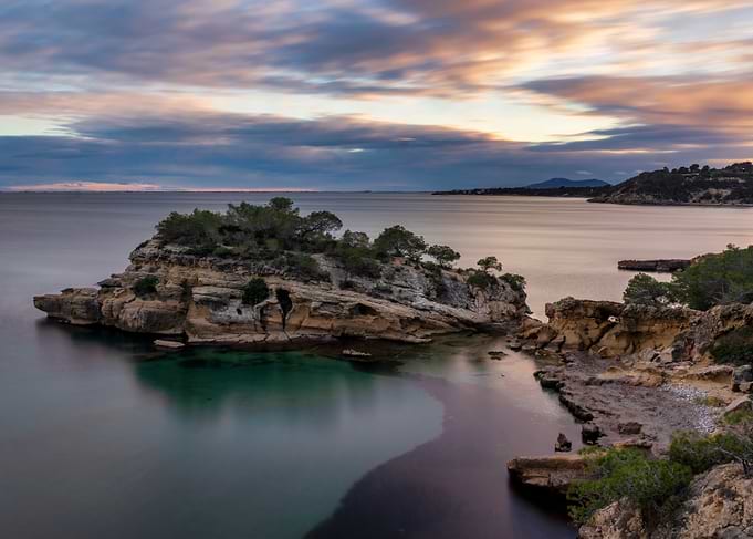 Island coastline at sunset