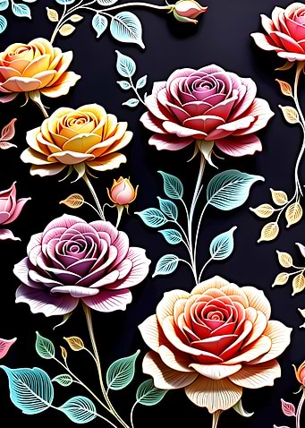 Vibrant Roses Patterns on Black Background