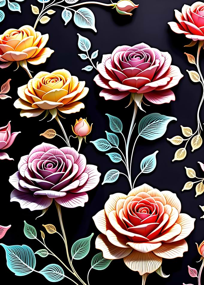 Vibrant Roses Patterns on Black Background
