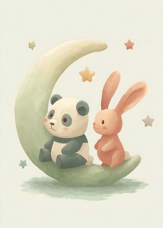 Panda and Bunny on a Crescent Moon