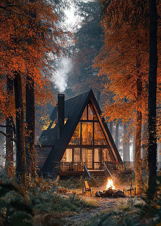 Cozy A-frame cabin in autumn forest