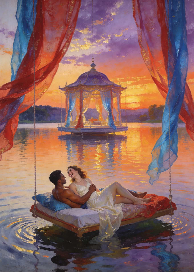 Romantic Couple on a Floating Bed at Sunset
