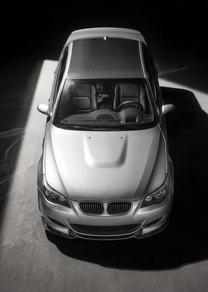 silver BMW M5 e60 top view poster