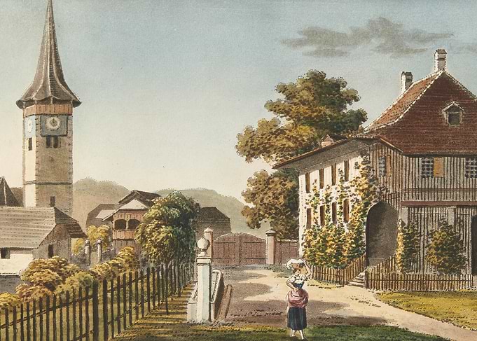 Pastoral scene with church and house