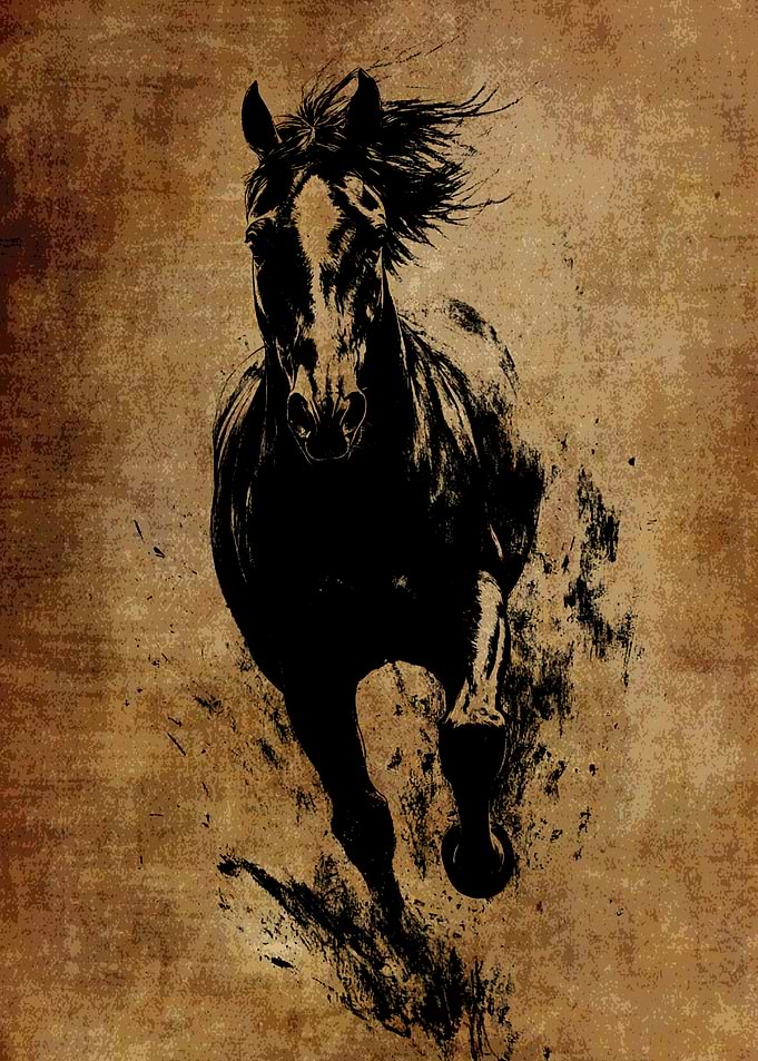 Black Horse Running on Textured Background