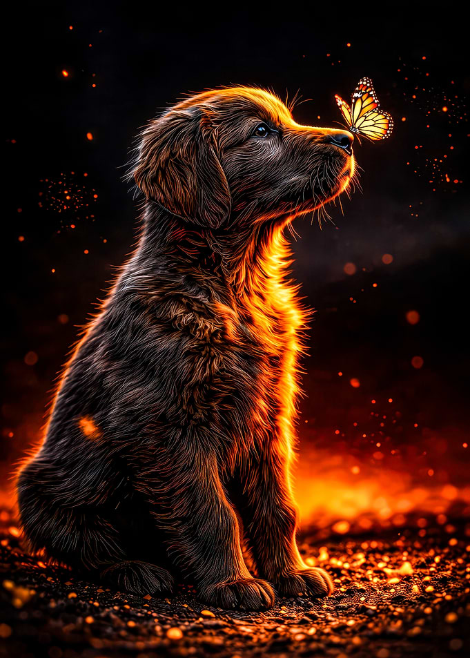 Puppy and Butterfly in Fiery Glow