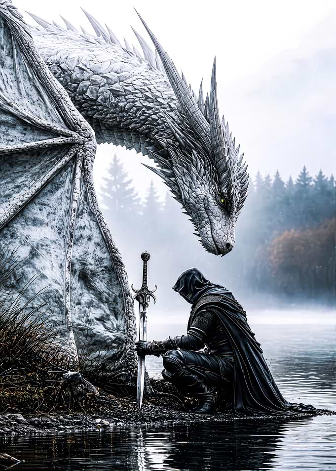 Dragon and Knight in Misty Forest