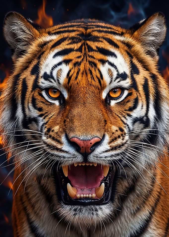 Fierce Tiger Roaring with Flames