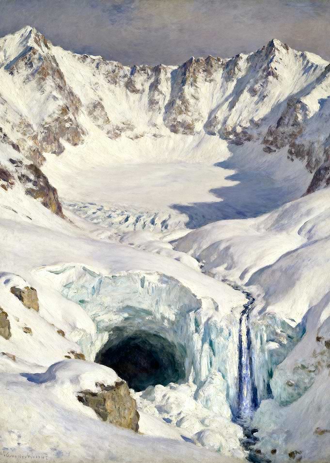 Snowy Mountain Landscape with Glacier Cave