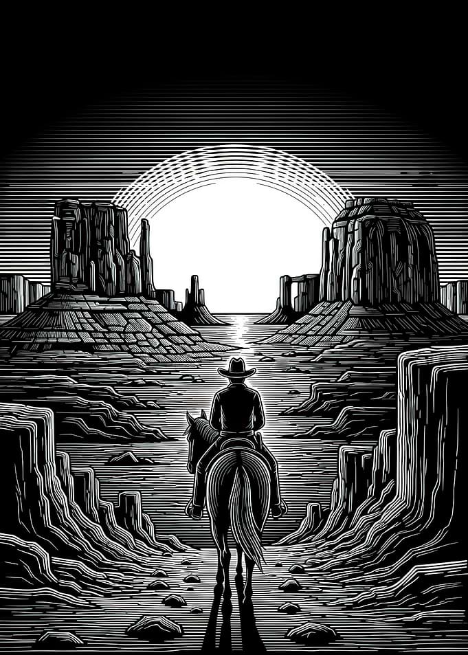Cowboy Riding Horse in Desert Landscape