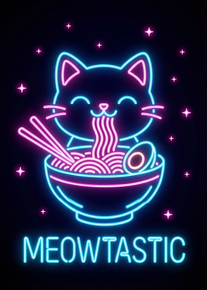 Neon Cat Eating Ramen