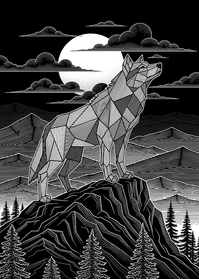 Geometric Wolf Howling at Moon