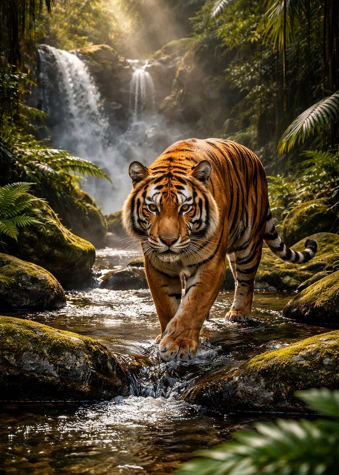 Tiger walking through a stream