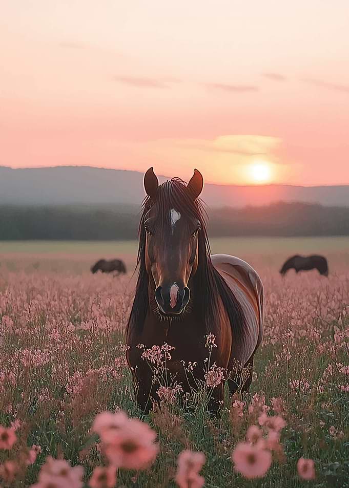 Horse in a field at sunset