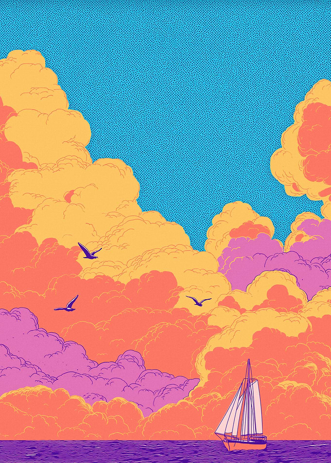 Sailboat on a vibrant sea with colorful clouds