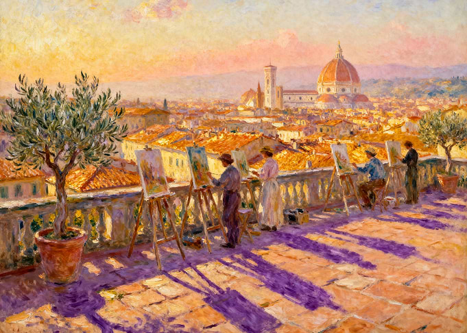 Artists painting Florence cityscape at sunset