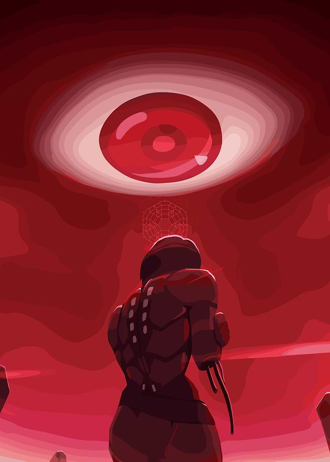 Sci-fi warrior facing a giant red eye