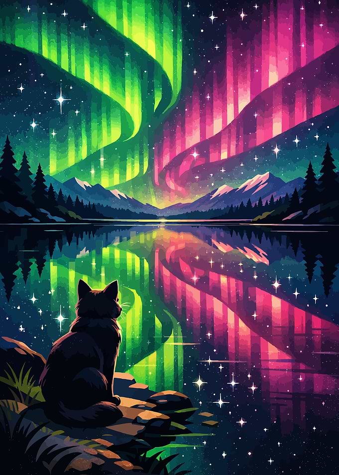 Cat Watching Aurora Borealis Reflection