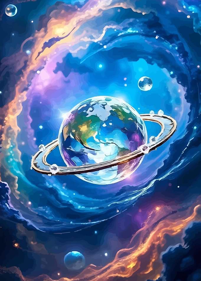 Planet with Rings in Nebula