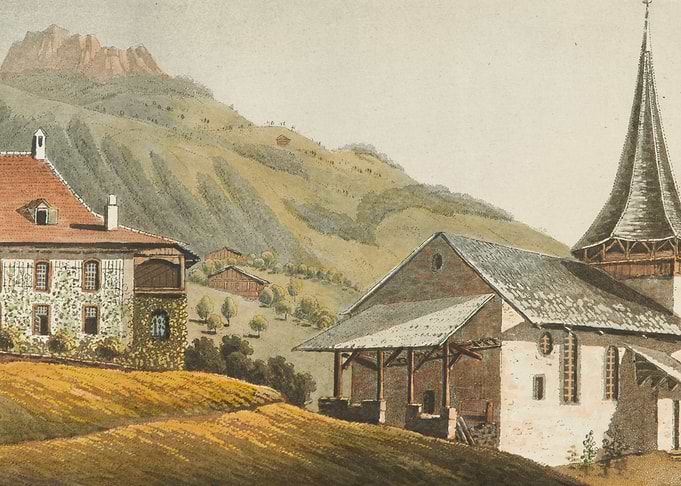 Alpine Village with Church and Mountains