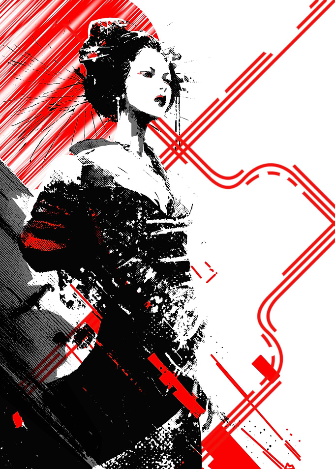 Geisha with Red Abstract Elements