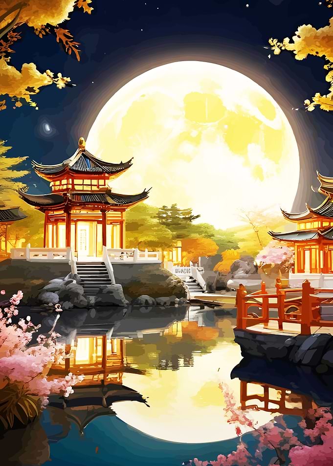 Serene Japanese Garden Under a Full Moon