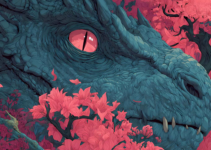 Dragon Eye Amidst Pink Flowers