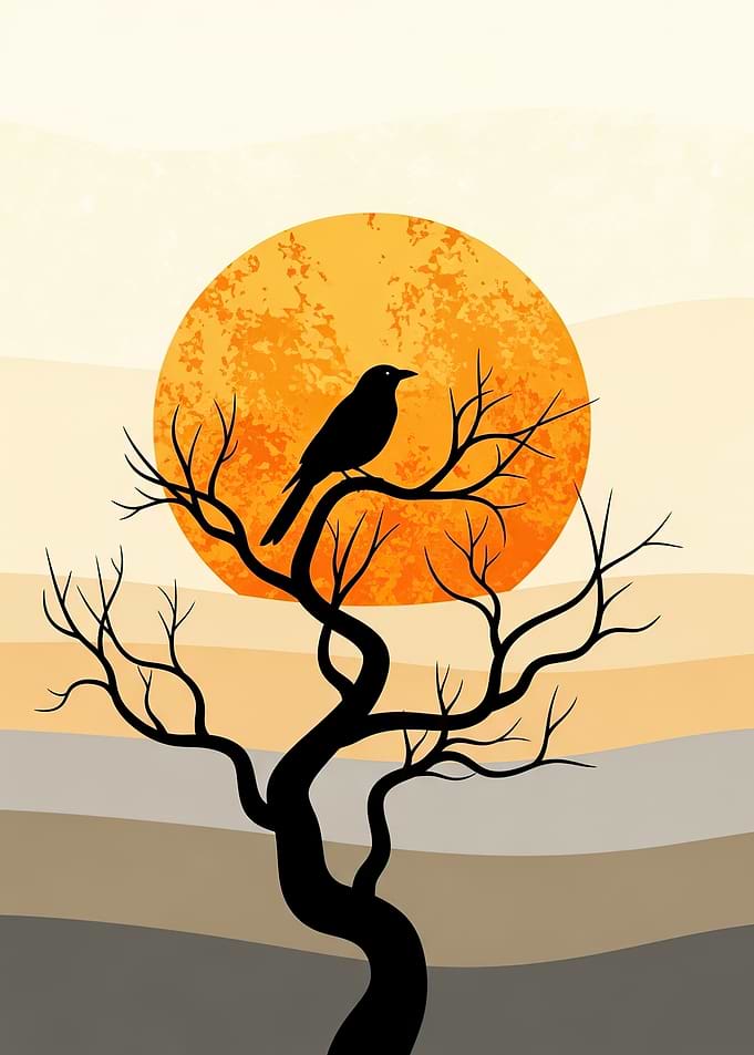 Black bird on a tree with orange moon