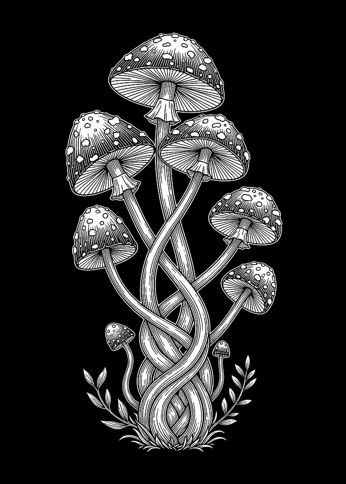 Entwined Mushrooms with Speckled Caps