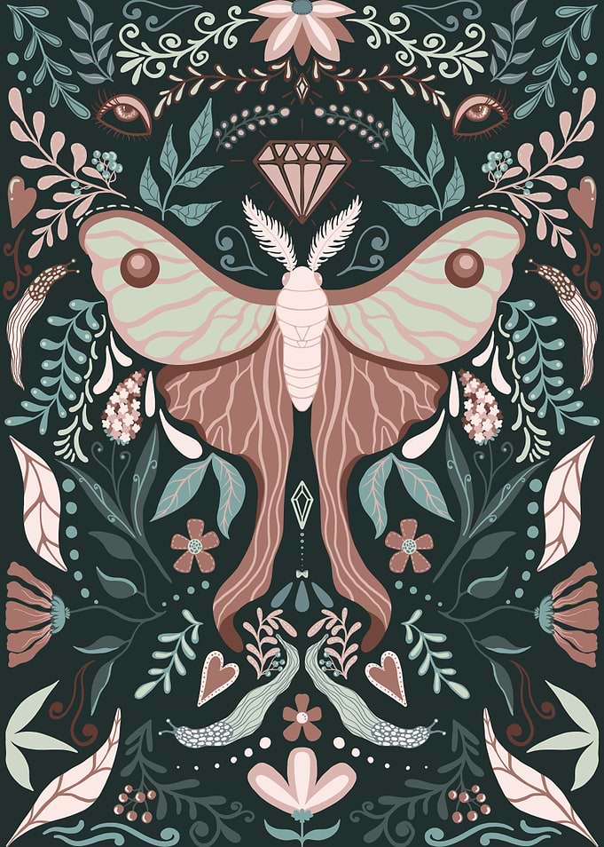 Mystical Moth and Floral Art, folk art
