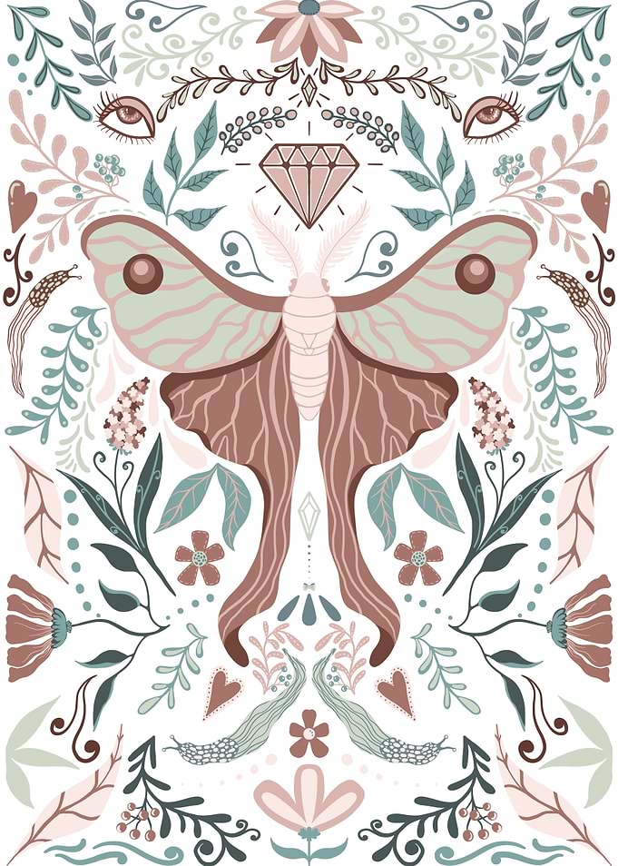 Moth and Floral Illustration in folk art style