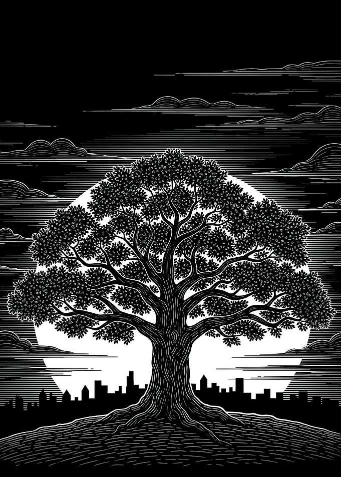 Tree Overlooking Cityscape at Night