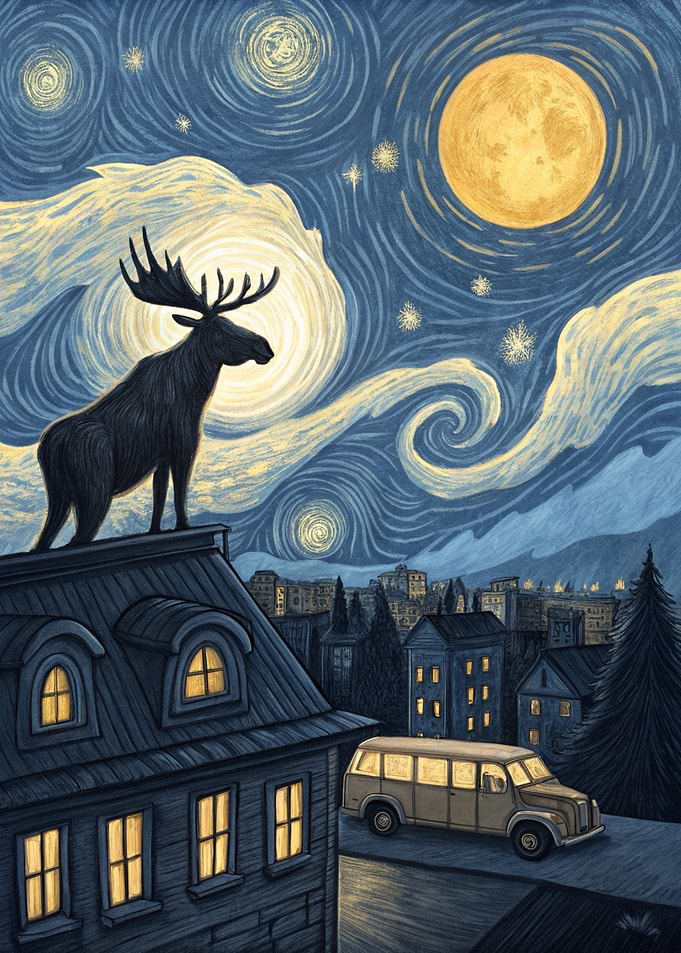 Moose on Rooftop Under Starry Night Sky