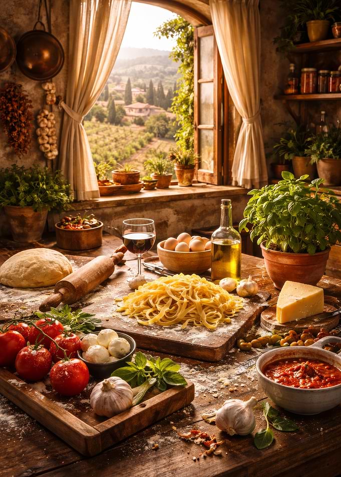 Tuscan Kitchen with Fresh Pasta Ingredients